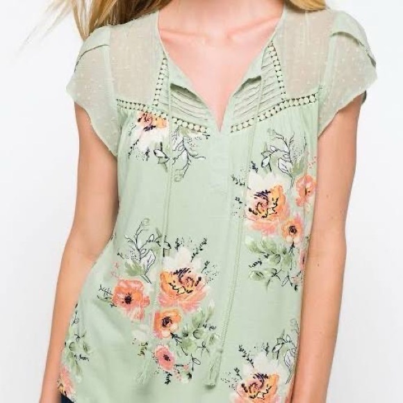 Floral Blouse with Tie Tassels - Mint Green - Picture 2 of 9